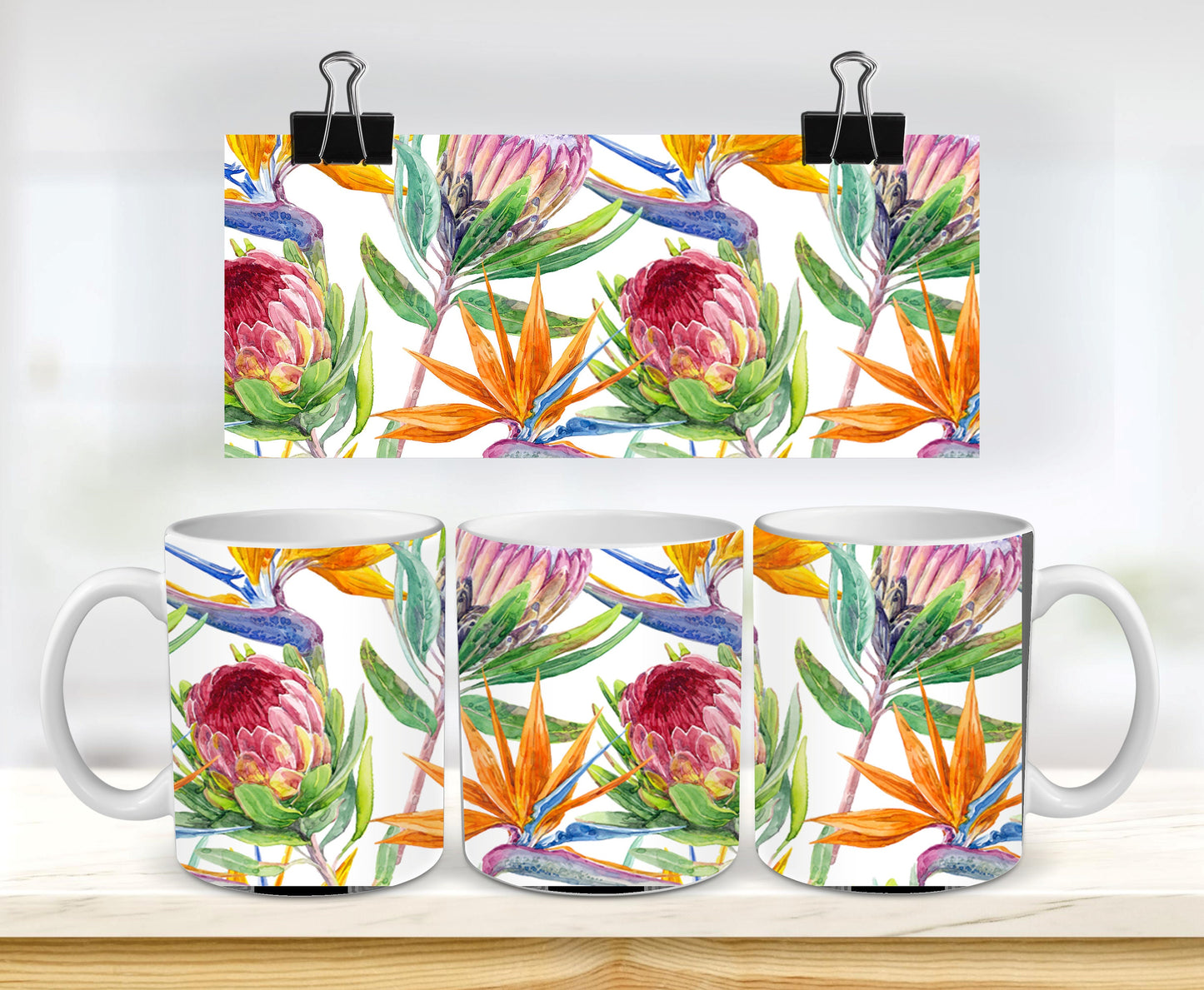 Protea and Strelitzia ( Bird of Paradise Flower ) 11oz mug. South African  flowers Bright and colourful.