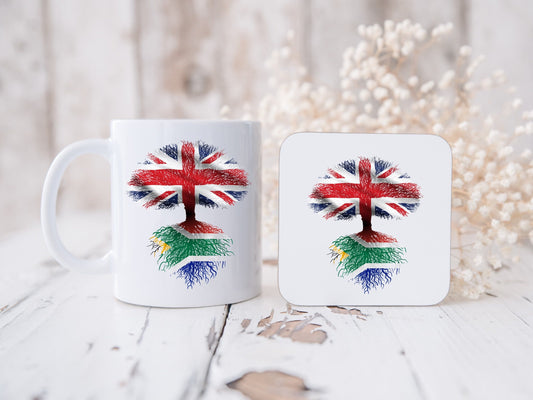 South African Flag/Union Jack tree roots Heritage design British Grown with South African Roots mug and coaster set. Flag Art.