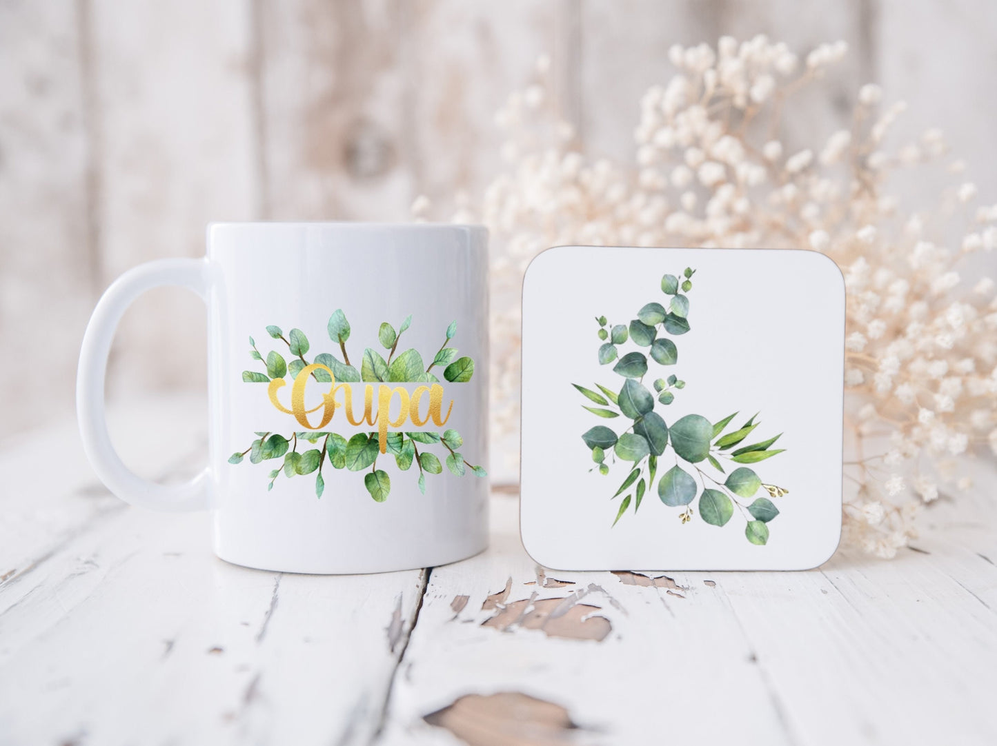 Ouma and Oupa mugs with matching coasters