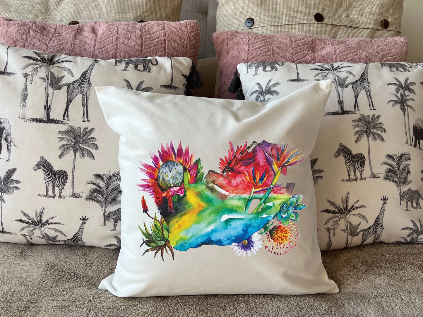 South Africa Flag Map Protea Floral Watercolour Design - Cushion Plush white deluxe 'soft feel' scatter cushion. ( 40x40cm ) Flag Art.