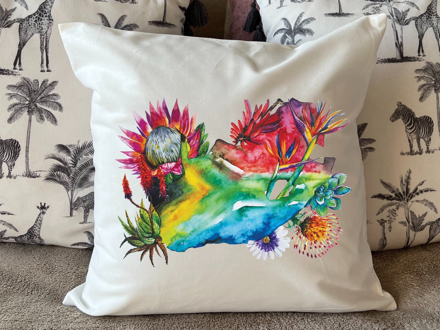 South Africa Flag Map Protea Floral Watercolour Design - Cushion Plush white deluxe 'soft feel' scatter cushion. ( 40x40cm ) Flag Art.