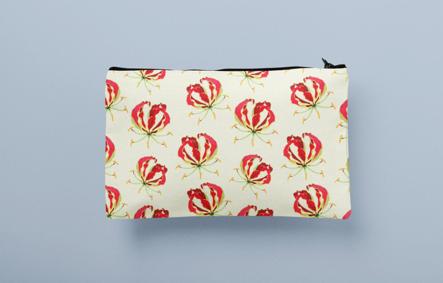 Flame Lily Cosmetics / pencil case. Gloriosa superba Zimbabwe. Brightly coloured Flame Lily printed on a linen cosmetics case.