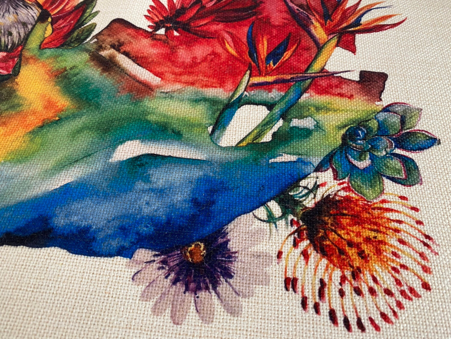 Floral Map of South Africa design with Protea Fynbos Strelitzia Red Hot Poker succulents placemat, cream linen placemat table mat. Flag Art
