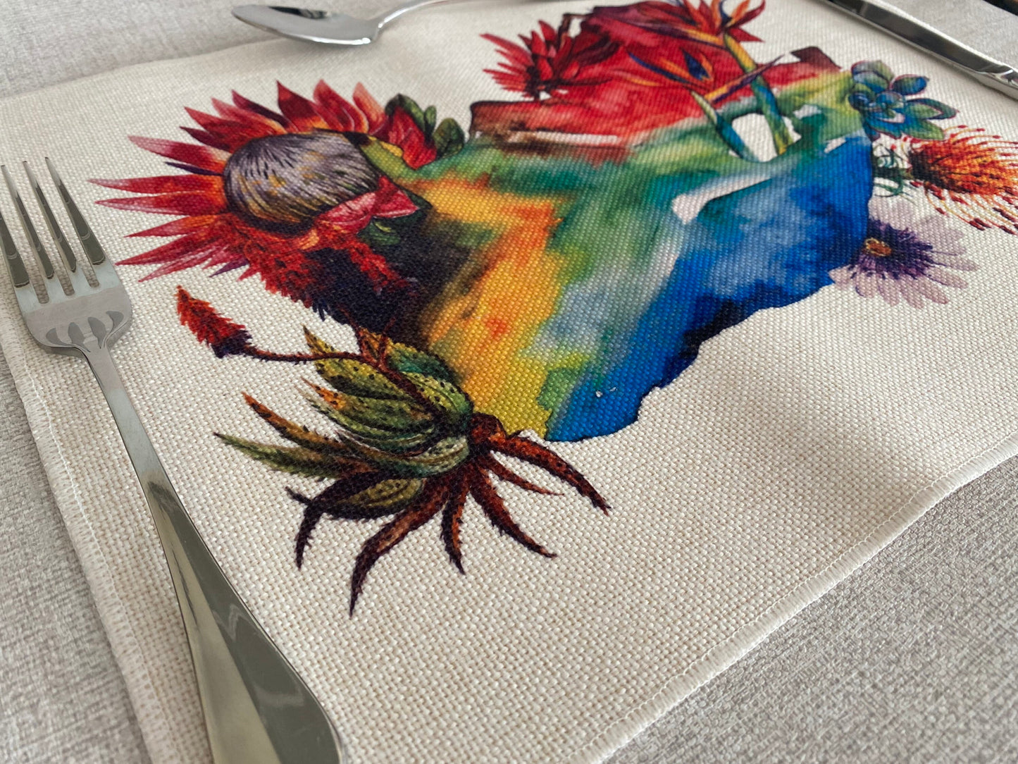 Floral Map of South Africa design with Protea Fynbos Strelitzia Red Hot Poker succulents placemat, cream linen placemat table mat. Flag Art