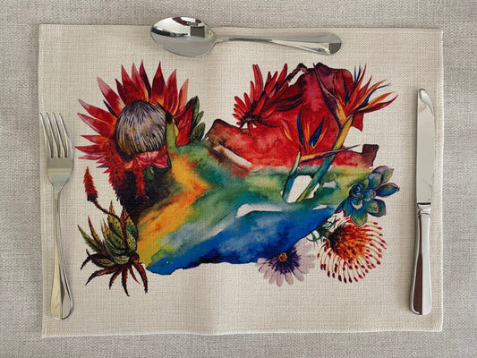 Floral Map of South Africa design with Protea Fynbos Strelitzia Red Hot Poker succulents placemat, cream linen placemat table mat. Flag Art