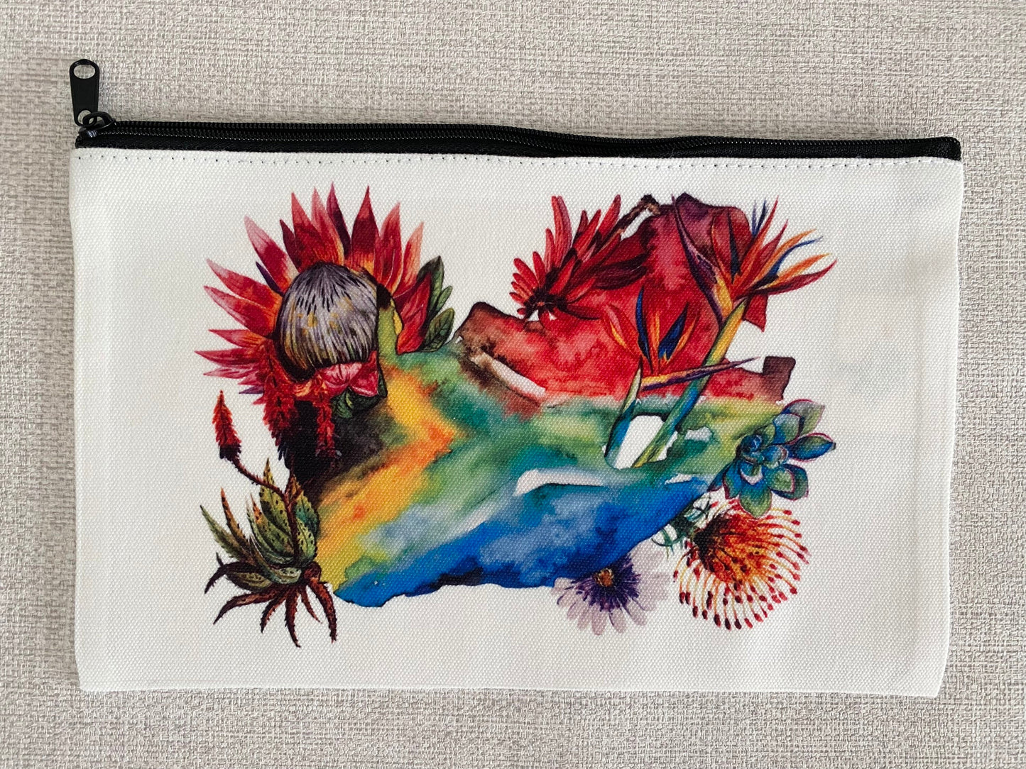 South African Floral Cosmetics / pencil case. Brightly coloured and printed on a linen cosmetics case. Flag Art.