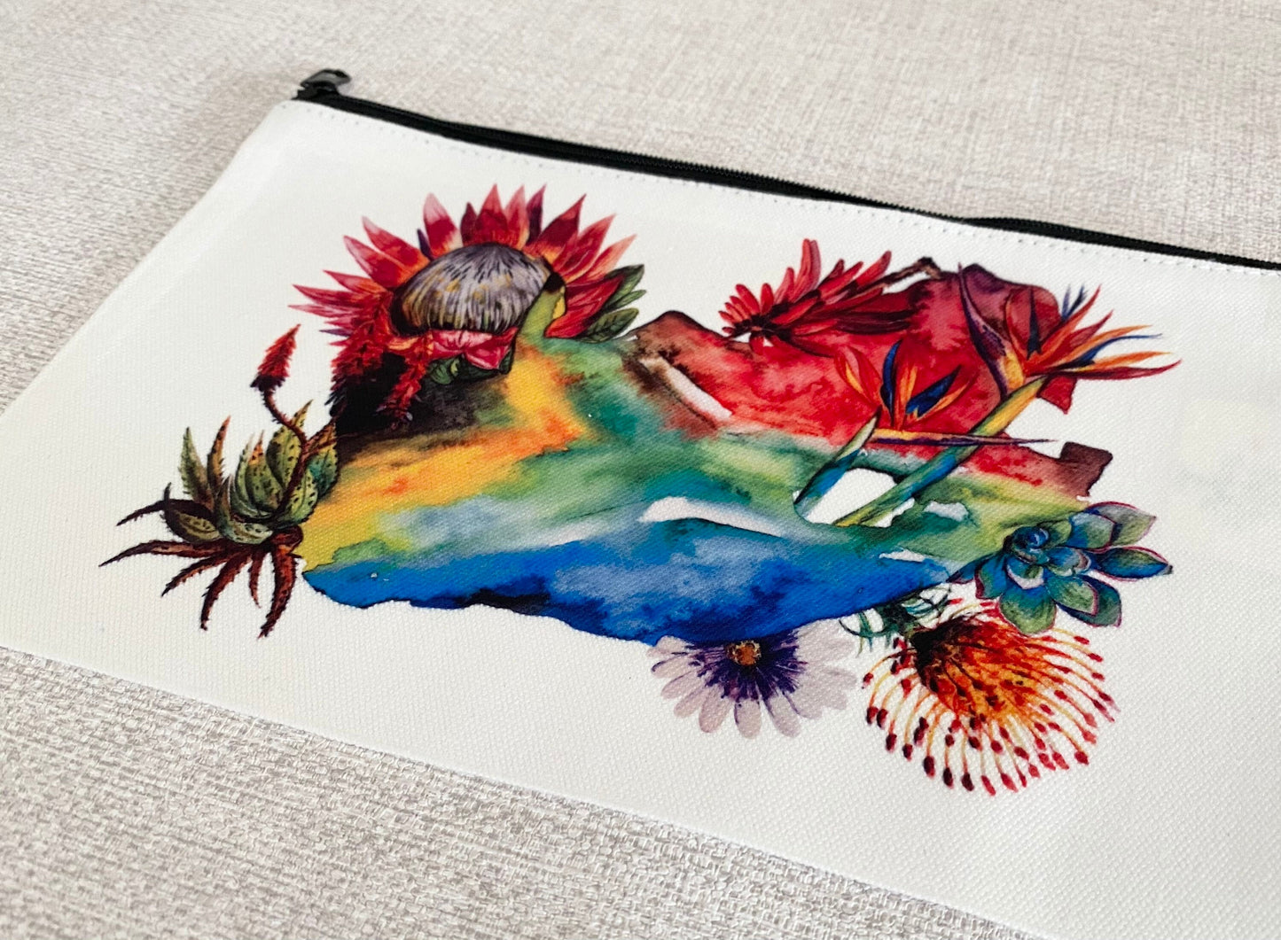 South African Floral Cosmetics / pencil case. Brightly coloured and printed on a linen cosmetics case. Flag Art.