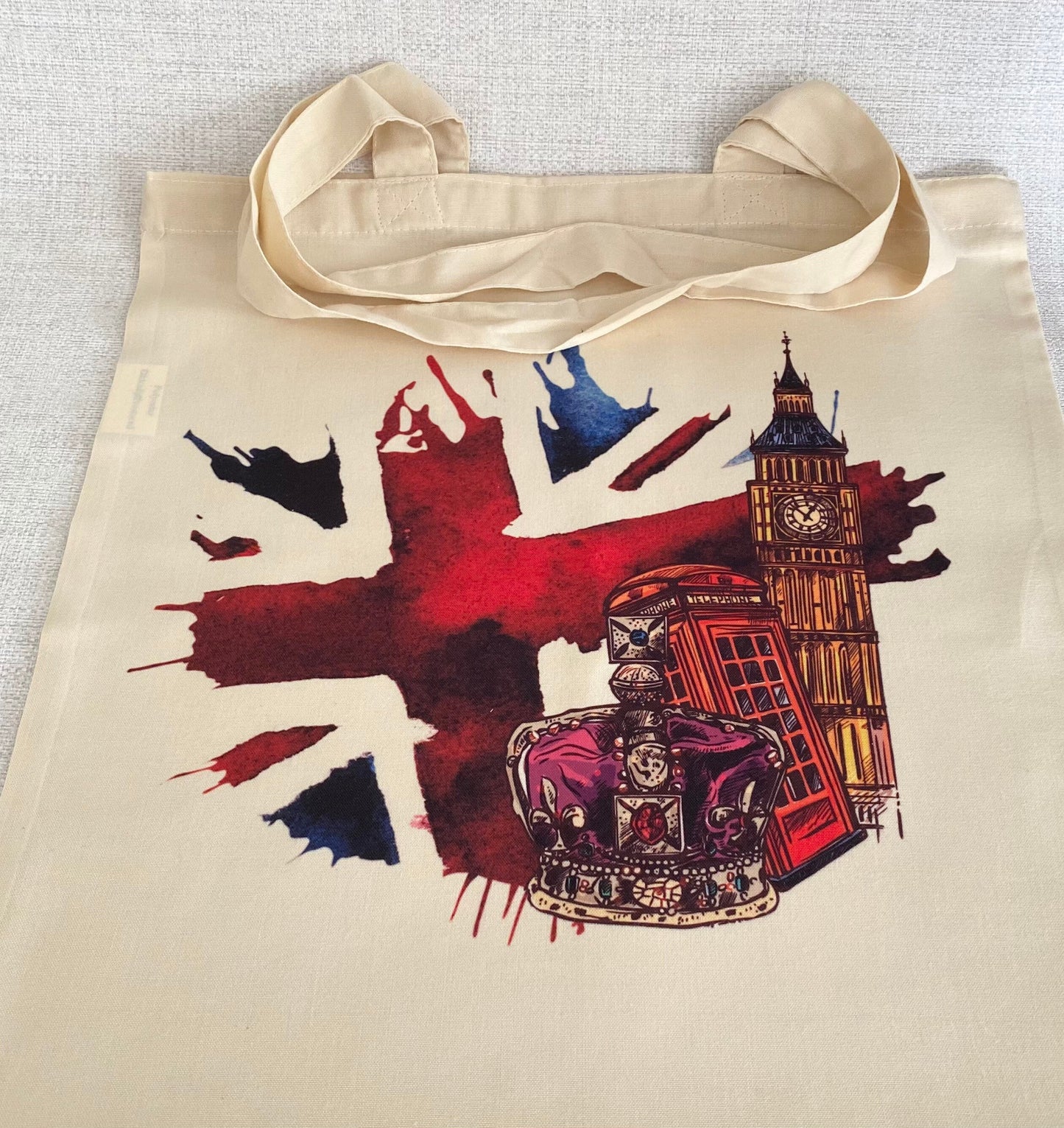 London Highlights natural tote bag. Gift from London Britain. London Souvenir. Big Ben Union Jack.