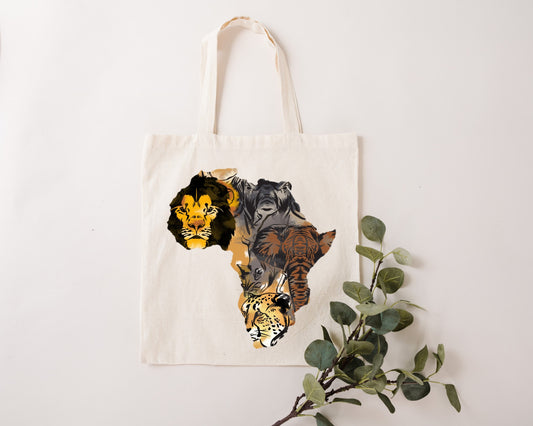 Africa's Big 5 on a natural tote bag.