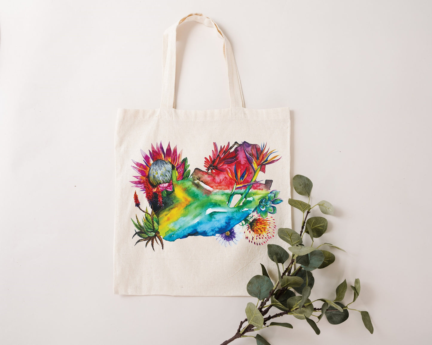 Floral map of South Africa watercolour design Protea Fynbos Floral natural tote bag. Flag Art.