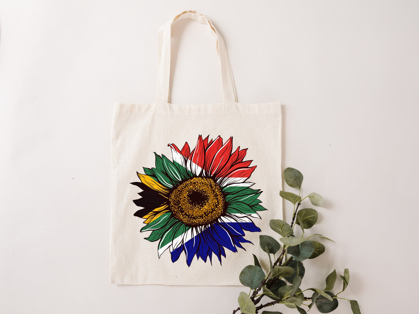 South Africa Rainbow Nation Sunflower reusable bag. Canvas Tote. Flag Art.