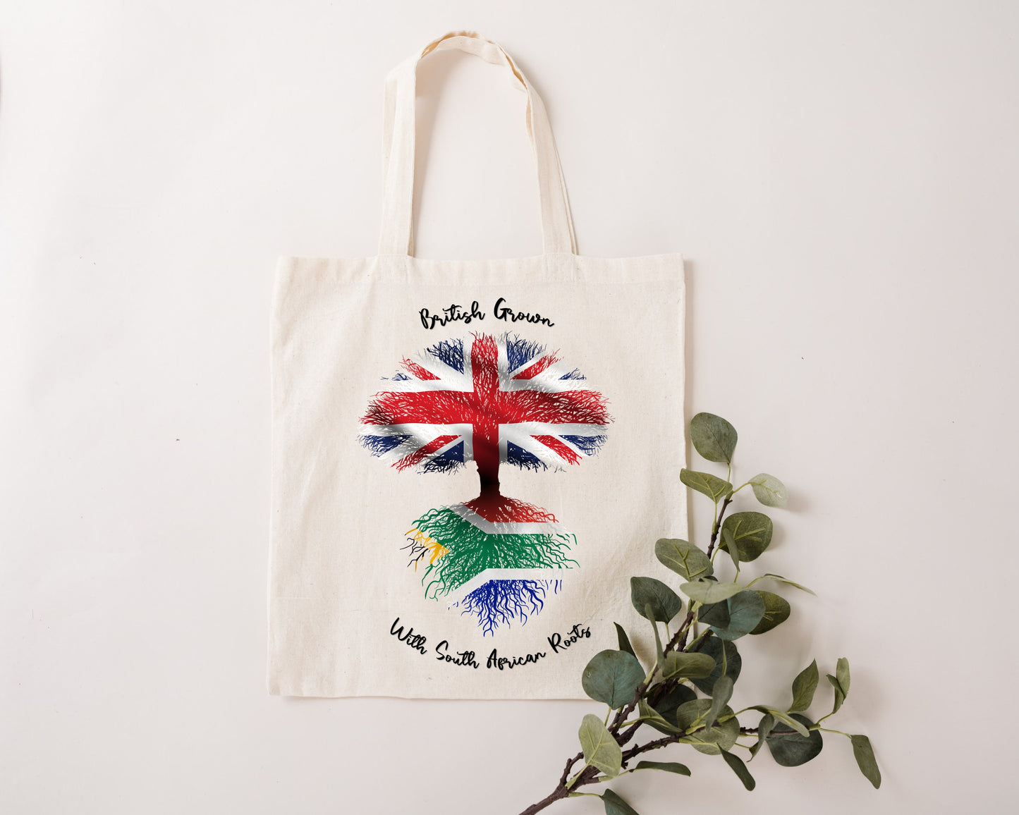 Fabric bag South African Flag United Kingdom Union Jack 'Grown in Britain with South African Roots' natural fabric tote bag.