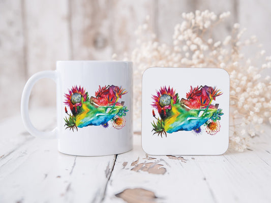 South African Floral map watercolour design with protea and Strelitzia Fynbos Red Hot Poker mug and coaster. South Africa map Flag. Flag Art