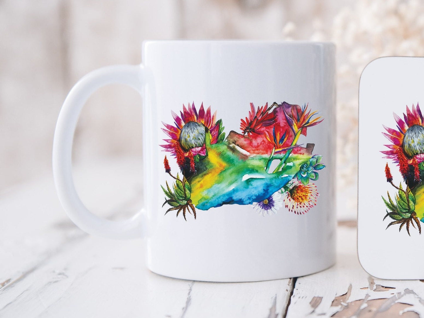 South African Floral map watercolour design with protea and Strelitzia Fynbos Red Hot Poker mug and coaster. South Africa map Flag. Flag Art