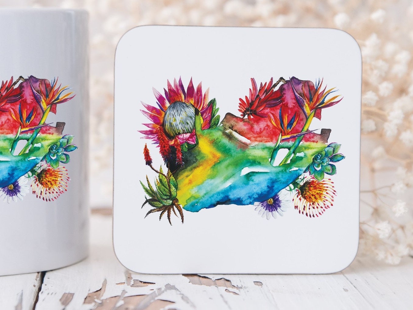 South African Floral map watercolour design with protea and Strelitzia Fynbos Red Hot Poker mug and coaster. South Africa map Flag. Flag Art