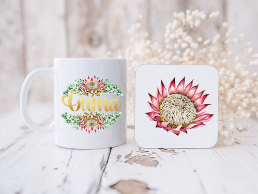Ouma and Oupa mugs with matching coasters