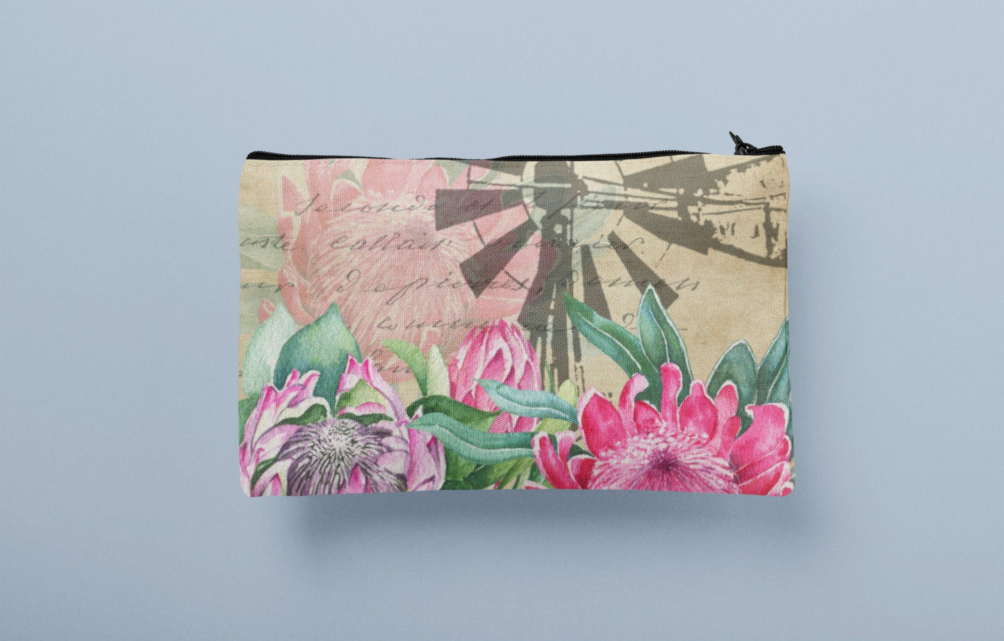 Make up bag Pencil case Karoo Windpomp and Protea design linen cosmetics or pencil case