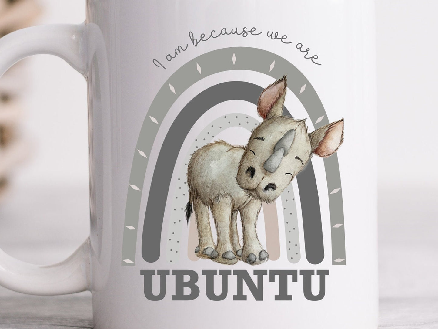 Rhinoceros mug South African gift UBUNTU The African philosophy 'I am because we are' mug. African decor. Rino gift.