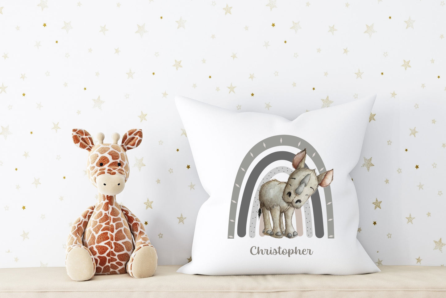 Personalised Baby Rhino plush white deluxe 'soft feel' scatter cushion. ( 40x40cm ). Nursery decoration. Baby Gift. Baby Safari animals.
