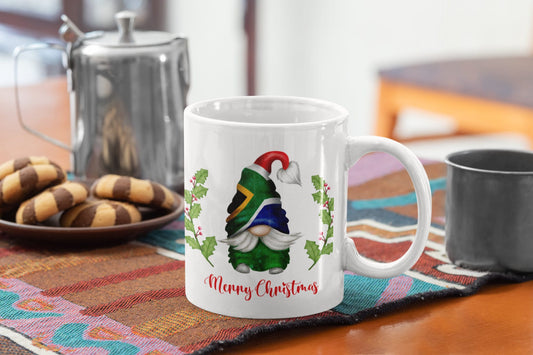 Christmas mug Gnome Gonk Elf South African Merry Christmas Gnome 11 oz mug.Christmas Gnome with South African Flag hat. Hot chocolate mug.