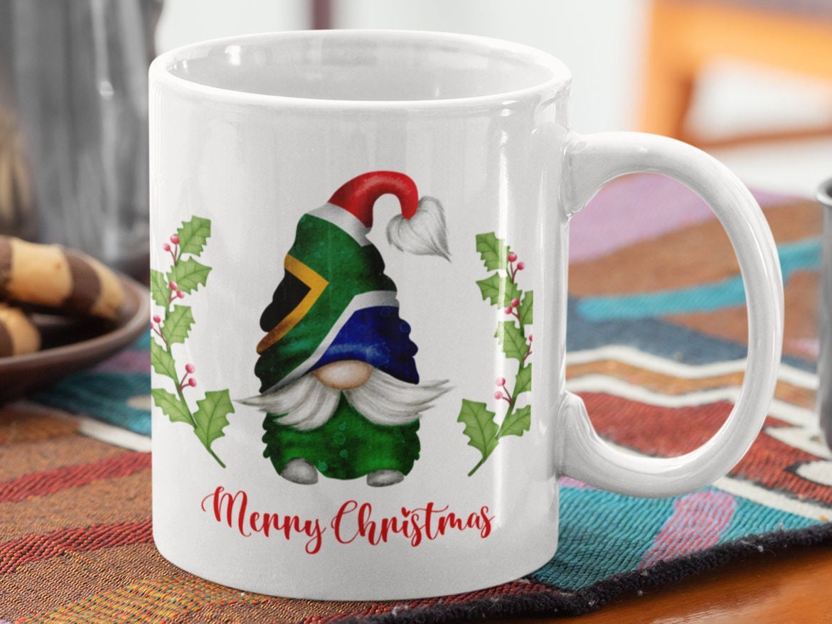 Christmas mug Gnome Gonk Elf South African Merry Christmas Gnome 11 oz mug.Christmas Gnome with South African Flag hat. Hot chocolate mug.