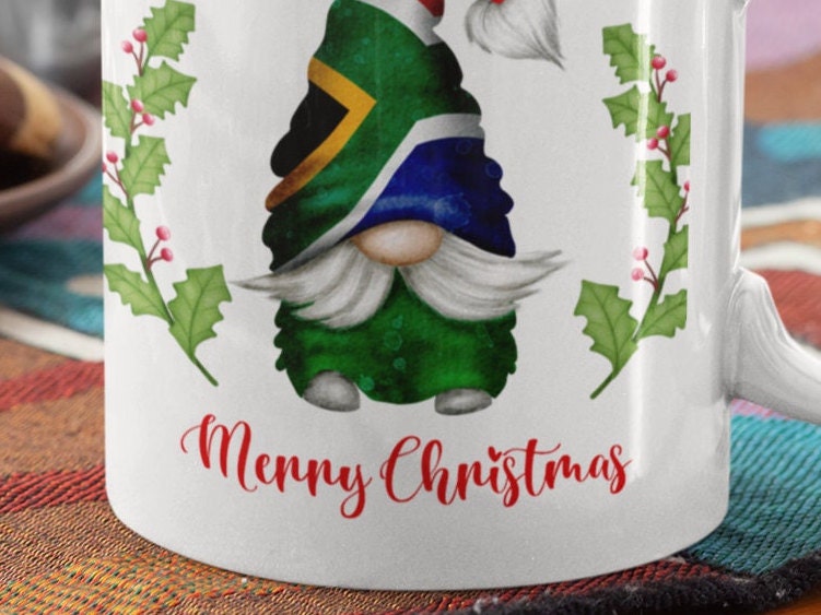 Christmas mug Gnome Gonk Elf South African Merry Christmas Gnome 11 oz mug.Christmas Gnome with South African Flag hat. Hot chocolate mug.