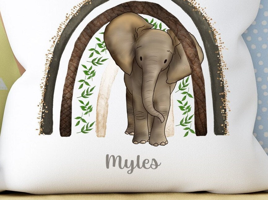 Personalised Baby Elephant with rainbow African Safari plush white 'soft feel' scatter cushion. ( 40x40cm ). Nursery decor. New Baby gift.