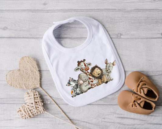 Baby Safari Animals bib. New baby gift. Pregnancy Announcement. Lion Giraffe Elephant Zebra. Gender neutral Baby Gift.