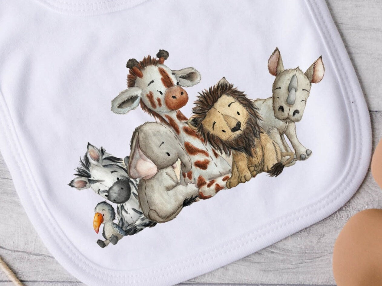 Baby Safari Animals bib. New baby gift. Pregnancy Announcement. Lion Giraffe Elephant Zebra. Gender neutral Baby Gift.