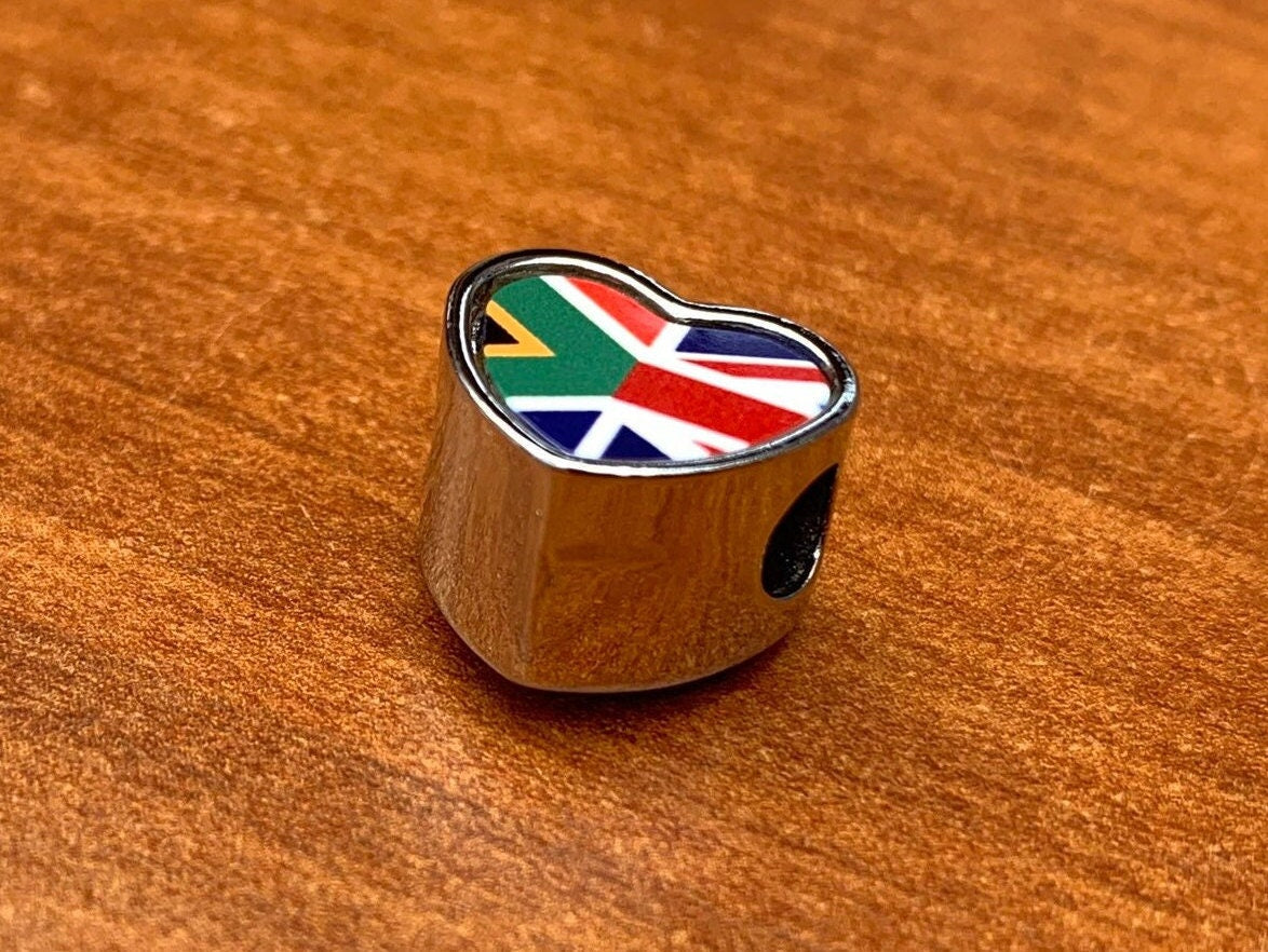 South Africa United Kingdom Union Jack blended Flag heart bracelet charm bead Personalised charm Add on charm Large hole bead Valentine’s