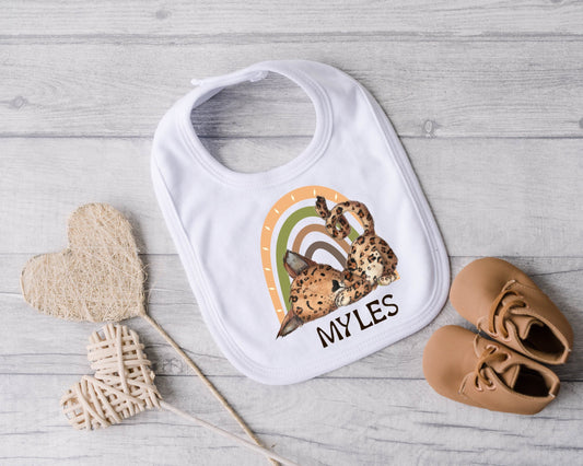 Personalised Bib Baby Leopard and Rainbow. New baby gift. Pregnancy Announcement. Gender neutral gift. Baby Safari.
