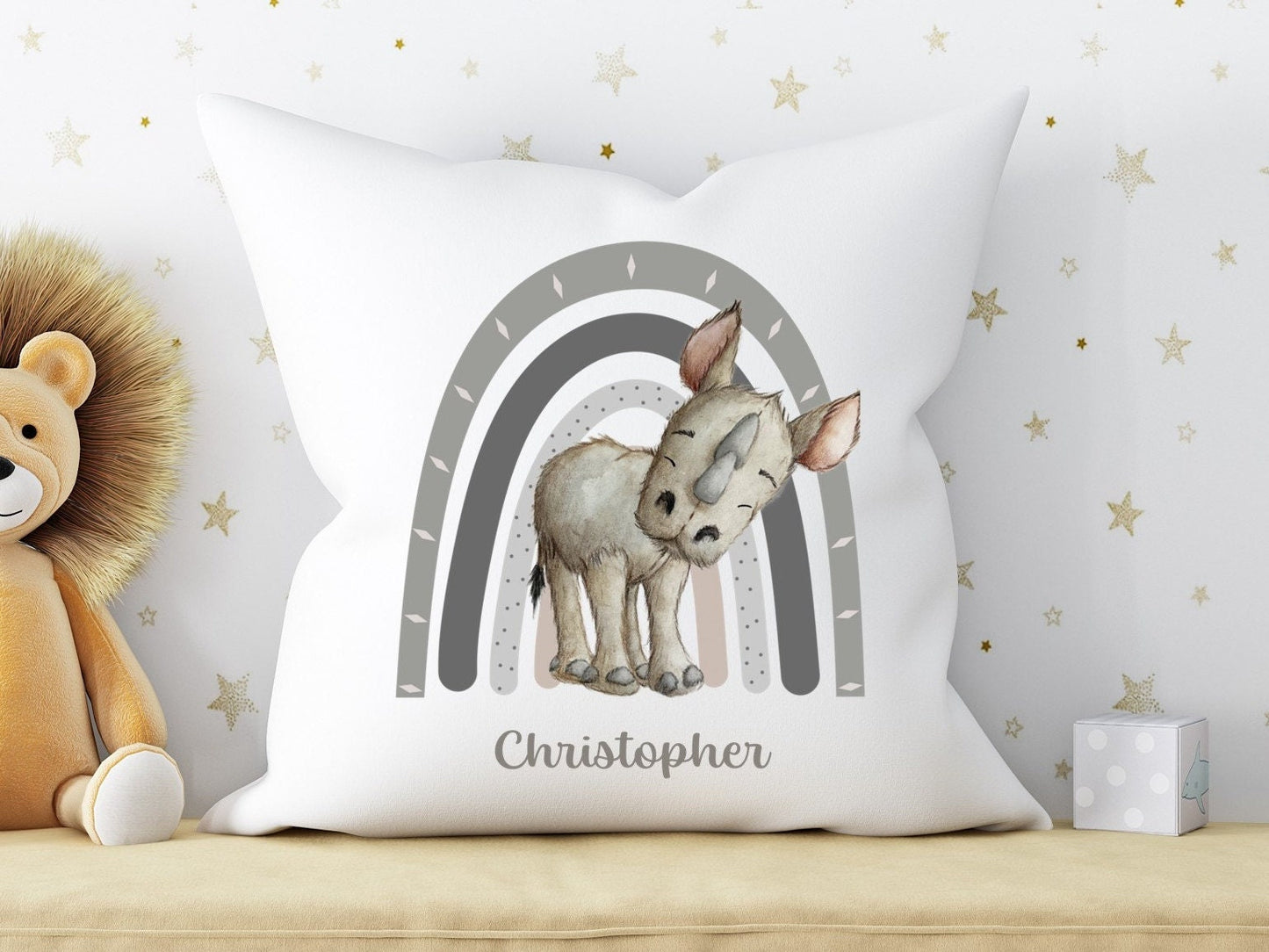 Personalised Baby Rhino plush white deluxe 'soft feel' scatter cushion. ( 40x40cm ). Nursery decoration. Baby Gift. Baby Safari animals.