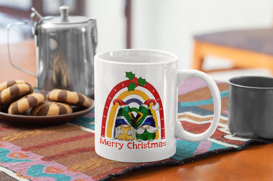 Christmas mug Gnome Gonk Elf South Africa Merry Christmas Gnome 11 oz mug. Christmas Gnome with South African Flag hat. Hot chocolate mug.