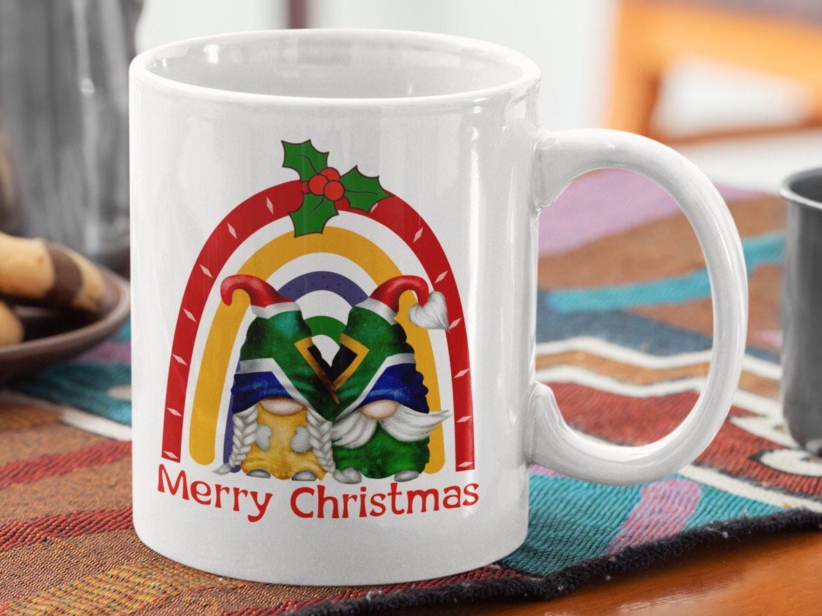 Christmas mug Gnome Gonk Elf South Africa Merry Christmas Gnome 11 oz mug. Christmas Gnome with South African Flag hat. Hot chocolate mug.