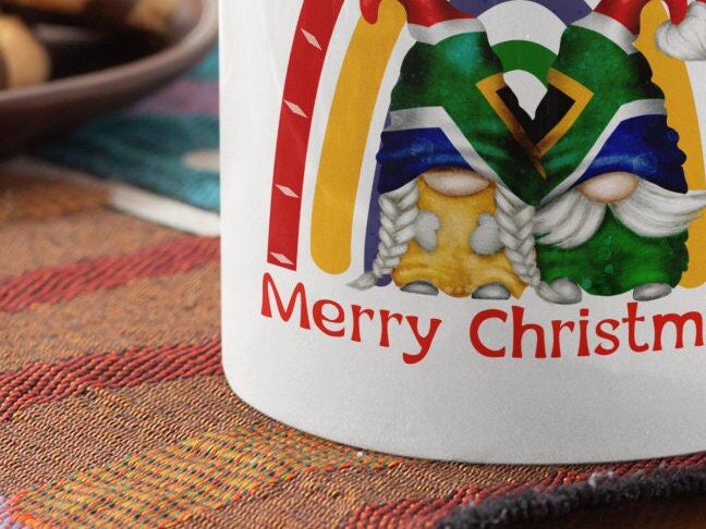 Christmas mug Gnome Gonk Elf South Africa Merry Christmas Gnome 11 oz mug. Christmas Gnome with South African Flag hat. Hot chocolate mug.