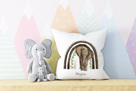 Personalised Baby Elephant with rainbow African Safari plush white 'soft feel' scatter cushion. ( 40x40cm ). Nursery decor. New Baby gift.