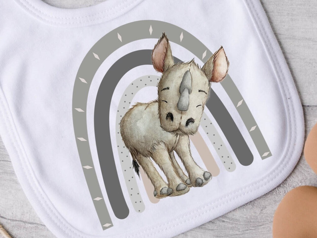 Baby safari animals Rhino bib. African animals New baby gift. Pregnancy Announcement. Gender neutral baby gift.