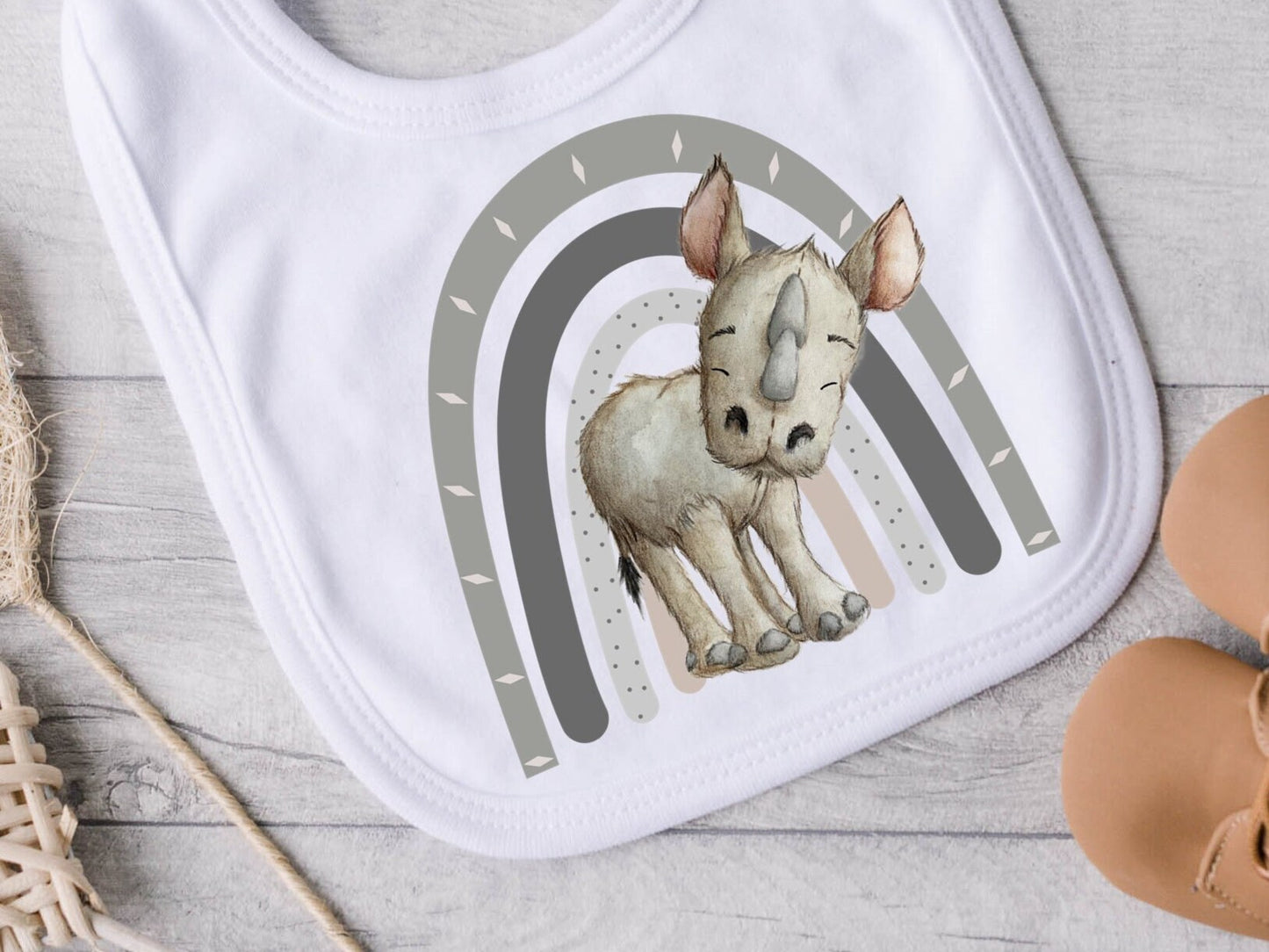 Baby safari animals Rhino bib. African animals New baby gift. Pregnancy Announcement. Gender neutral baby gift.