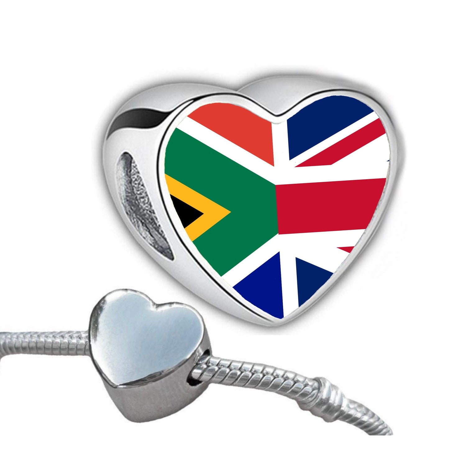 South Africa United Kingdom Union Jack blended Flag heart bracelet charm bead Personalised charm Add on charm Large hole bead Valentine’s