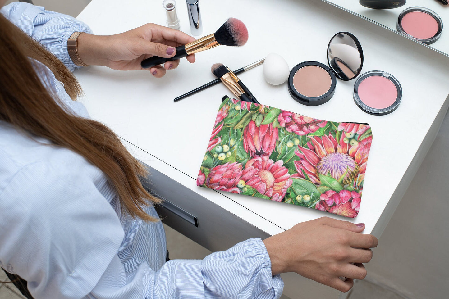 Linen Make up bag cosmetics pencil case with hot pink Protea design Zipped pouch.