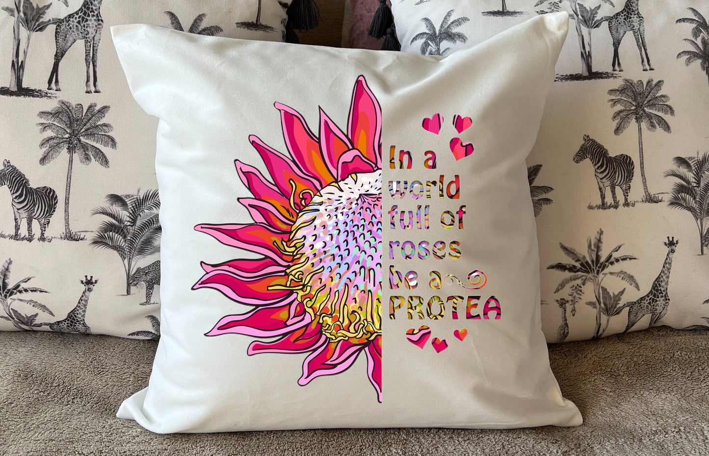 Plush White Protea cushion “In a world full of Roses be a Protea” deluxe 'soft feel' scatter cushion. ( 40x40cm )Hot pink protea.