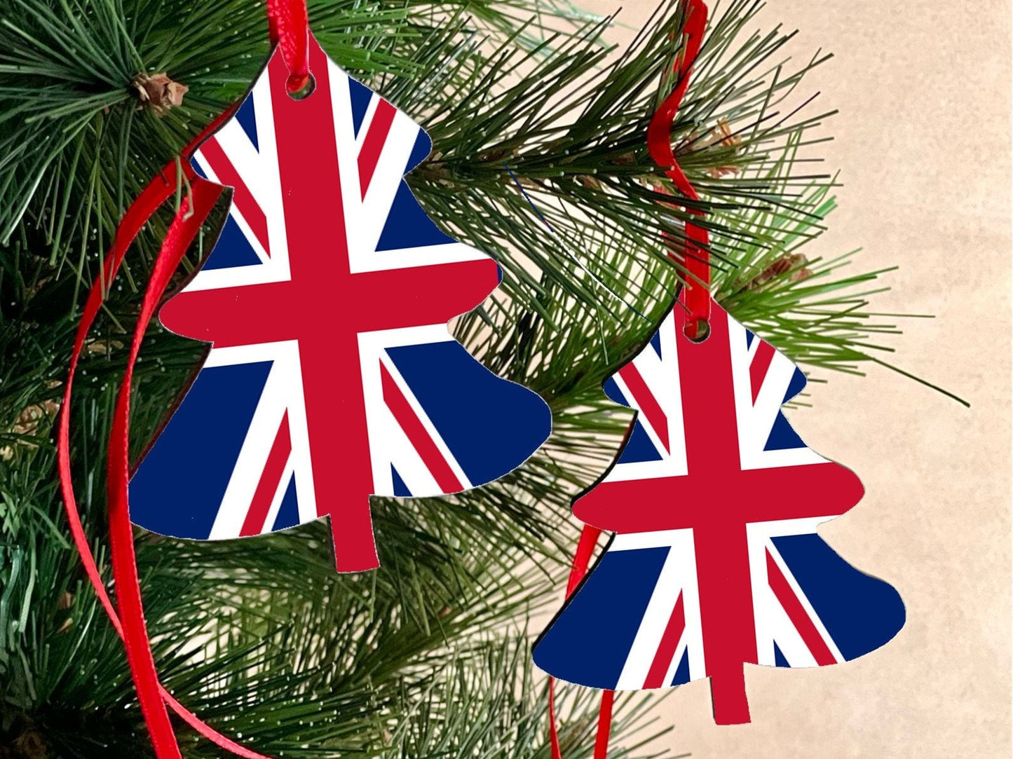 Christmas decorations tree ornament United Kingdom Union Jack Christmas Decoration. Tree shaped decoration hanging ornament.