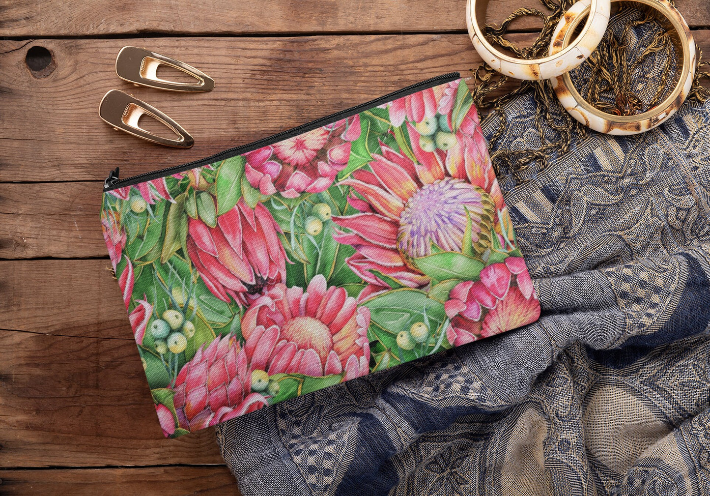 Linen Make up bag cosmetics pencil case with hot pink Protea design Zipped pouch.