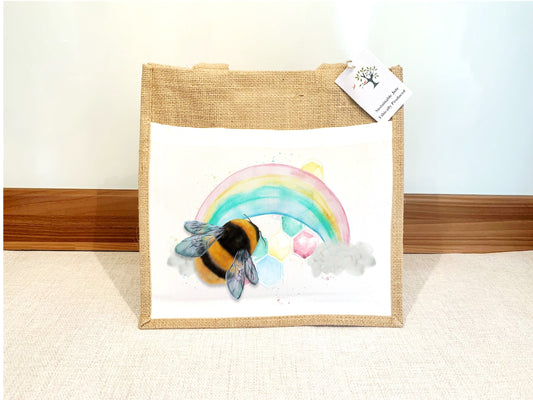 Bee and Rainbow Jute Bag with fabric pocket. Eco-friendly Hessian Burlap Tote Reusable