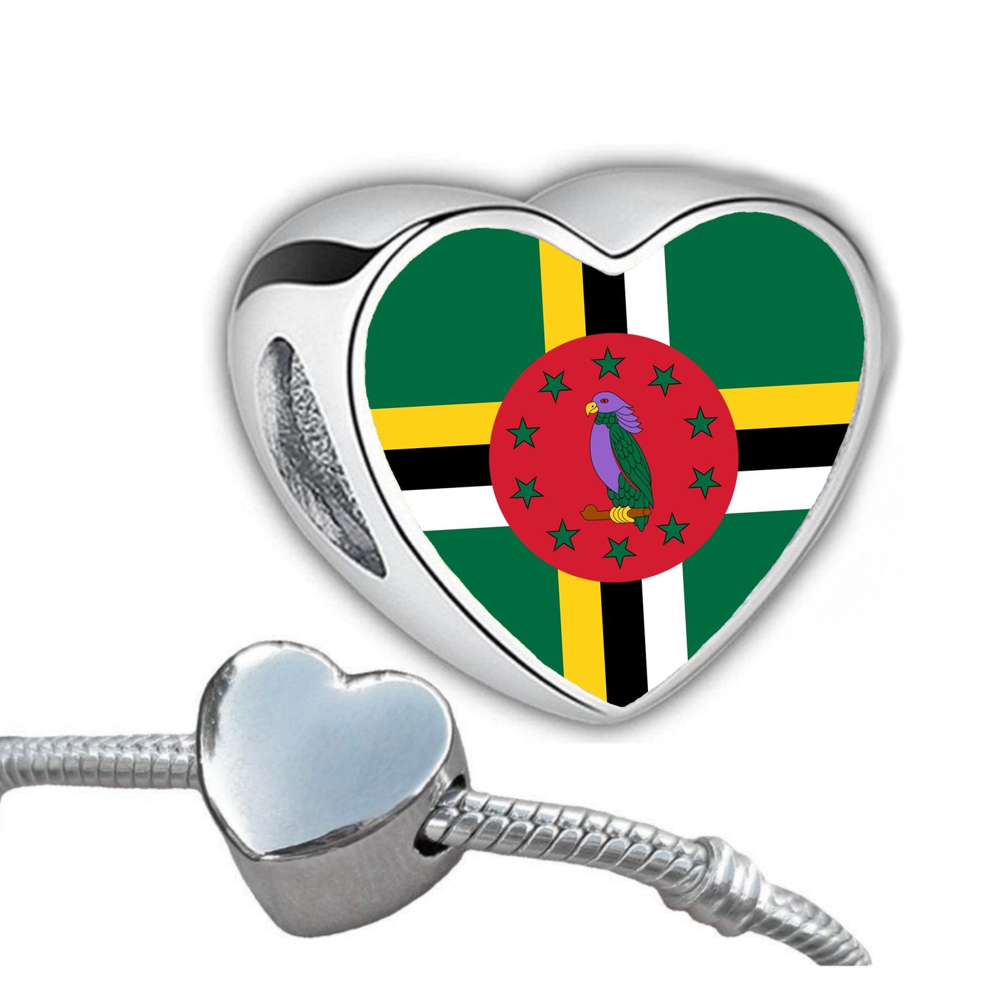 The Commonwealth of Dominica flag heart shaped bracelet stainless steel charm bead personalised charm bead add on charm large hole bead