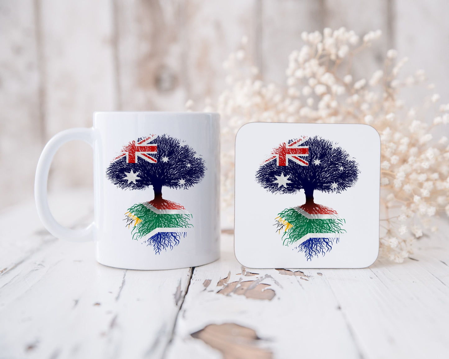 South African heritage mug and coaster Australian flag tree with South African flag roots. 11oz mug and coaster, ideal gift.