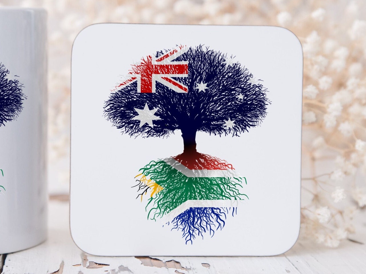 South African heritage mug and coaster Australian flag tree with South African flag roots. 11oz mug and coaster, ideal gift.