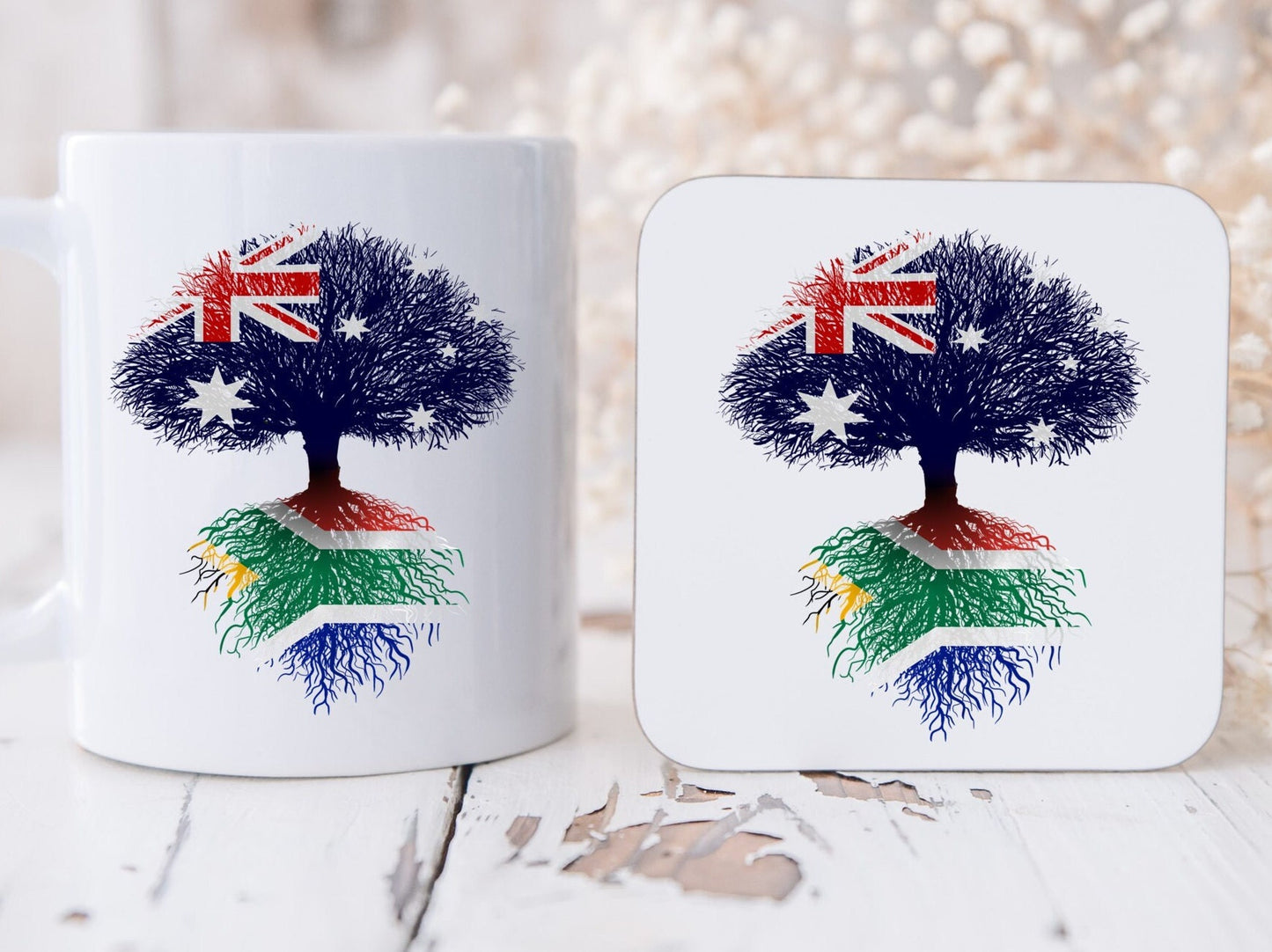 South African heritage mug and coaster Australian flag tree with South African flag roots. 11oz mug and coaster, ideal gift.