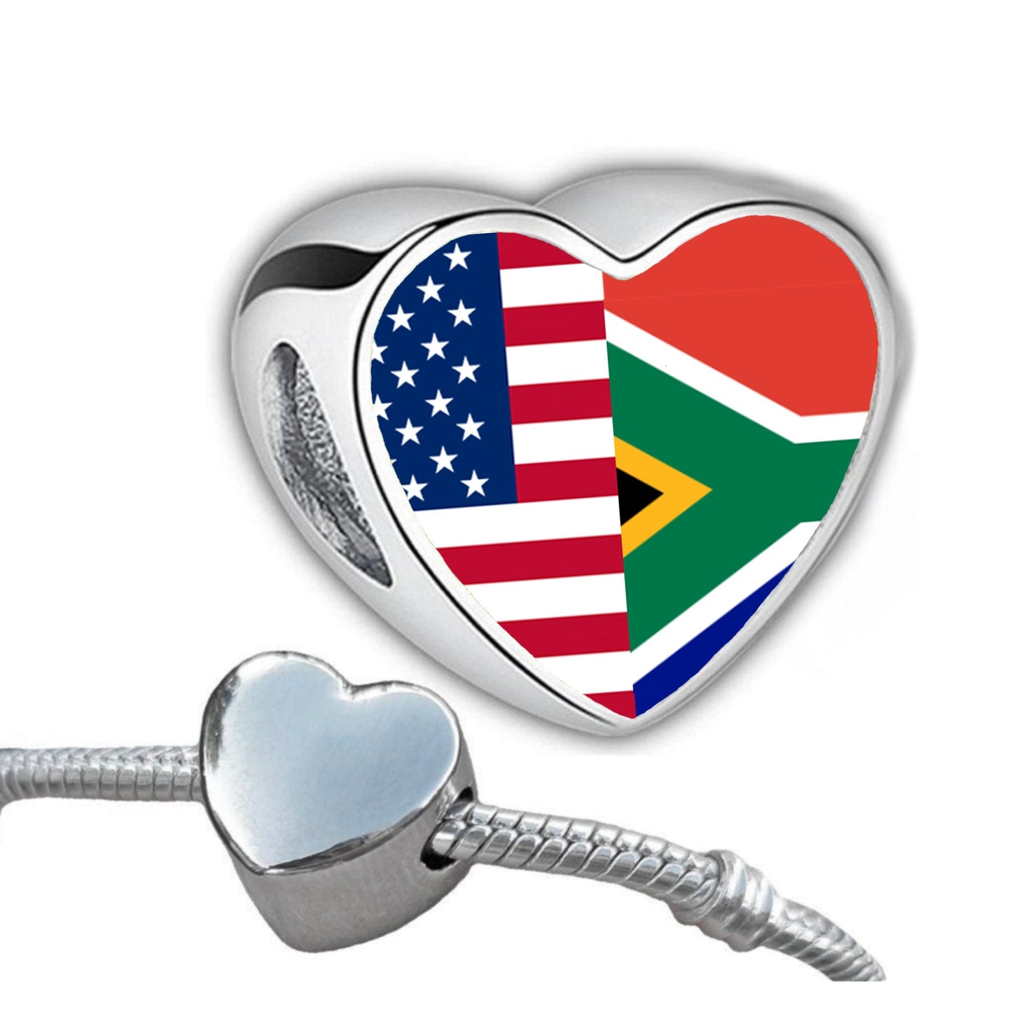 South African United States blended Flag heart bracelet stainless steel charm Personalised Add on Large hole bead Valentine gift for mom