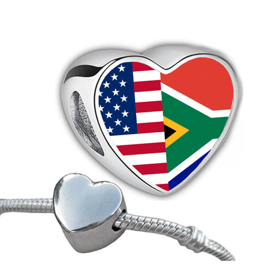 South African United States blended Flag heart bracelet charm bead Personalised Charm Add on charm Large hole bead Valentine’s gift for mom